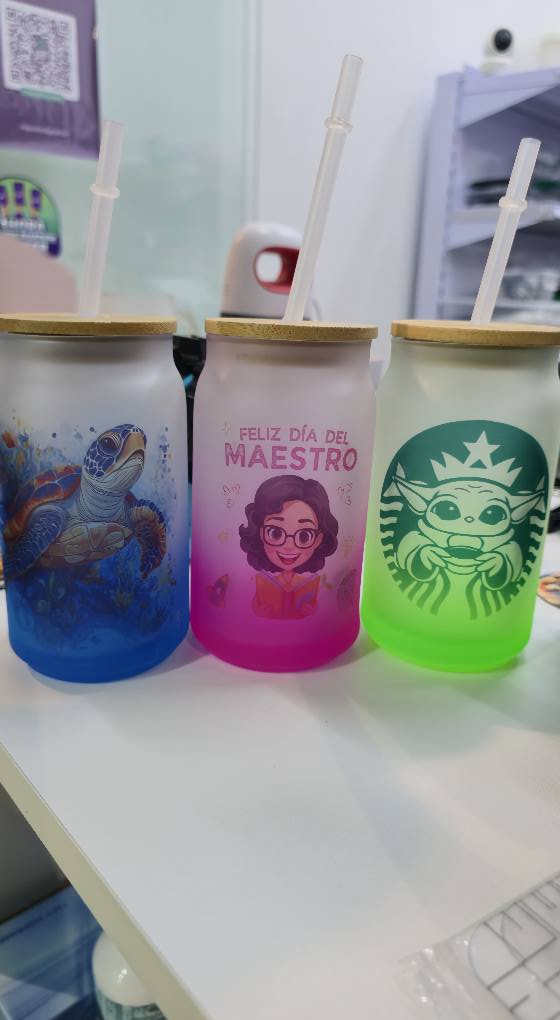 Vaso Mug De Vidrio Para Sublimación Con Tapa De Bambú 16 oz
