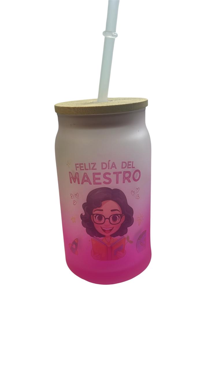 Vaso Mug De Vidrio Para Sublimación Con Tapa De Bambú 16 oz