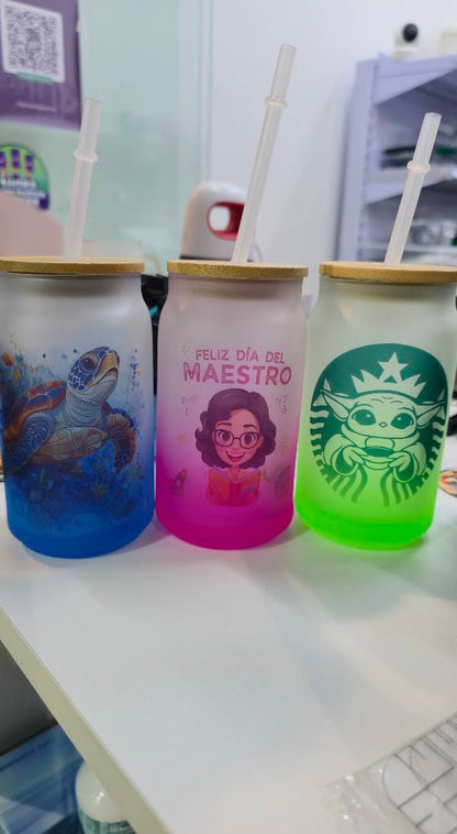 Vaso Mug De Vidrio Para Sublimación Con Tapa De Bambú 16 oz