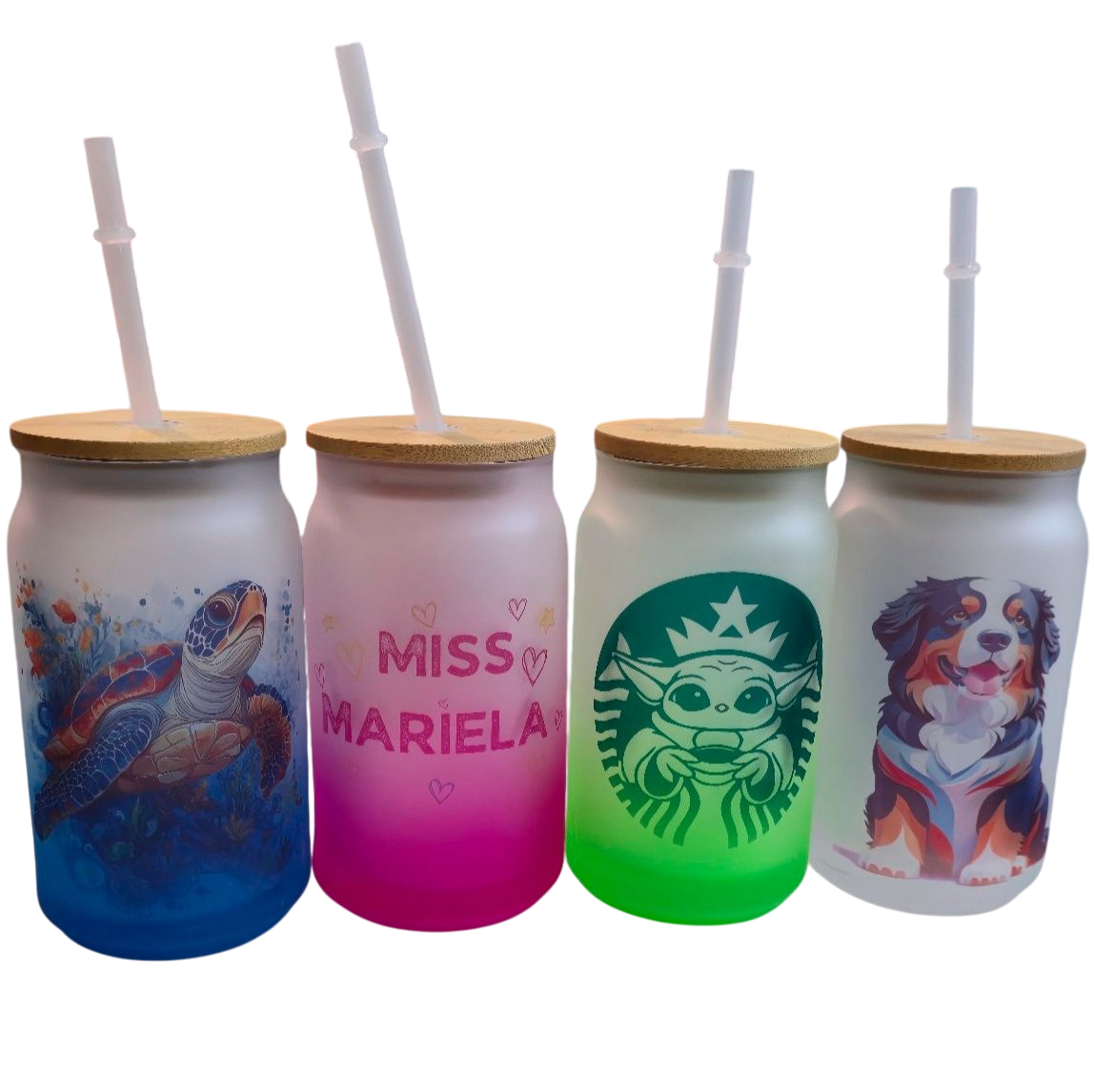 Vaso de vidrio pavonado con tapa de bambú y sorbete para sublimar