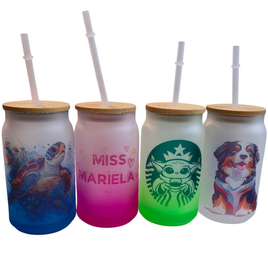 Vaso de vidrio pavonado con tapa de bambú y sorbete para sublimar