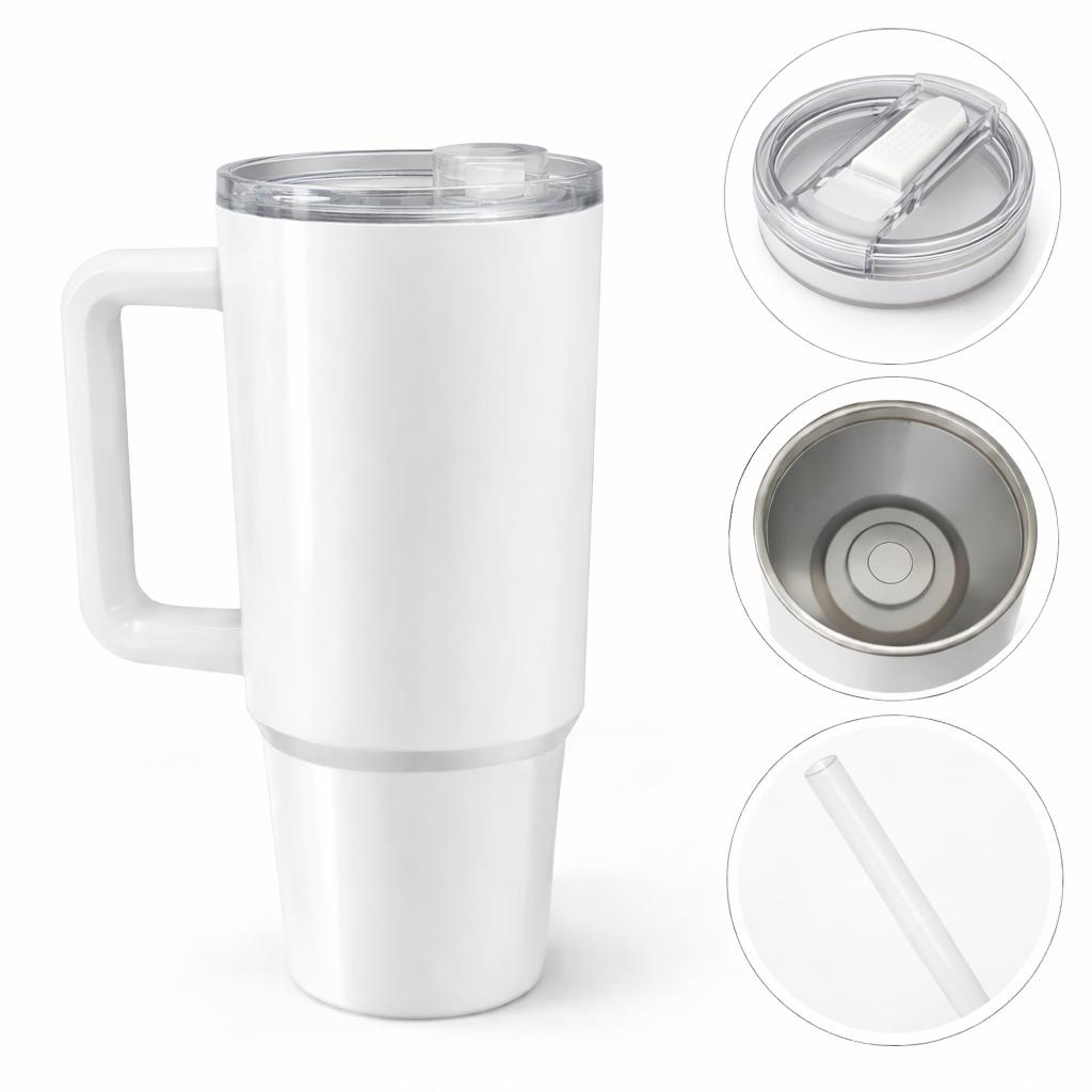 Vaso tipo Stanley 40 oz  Térmico de Acero Inoxidable con Sorbete BLANCO SUBLIMABLE con Tapa Antiderrame
