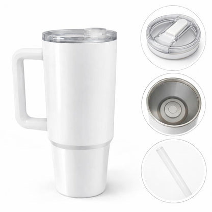 Vaso tipo Stanley 40 oz  Térmico de Acero Inoxidable con Sorbete BLANCO SUBLIMABLE con Tapa Antiderrame