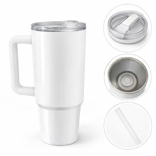 Vaso tipo Stanley 40 oz  Térmico de Acero Inoxidable con Sorbete BLANCO SUBLIMABLE con Tapa Antiderrame