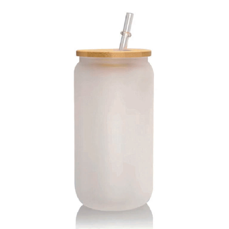 Vaso de vidrio pavonado con tapa de bambú y sorbete para sublimar